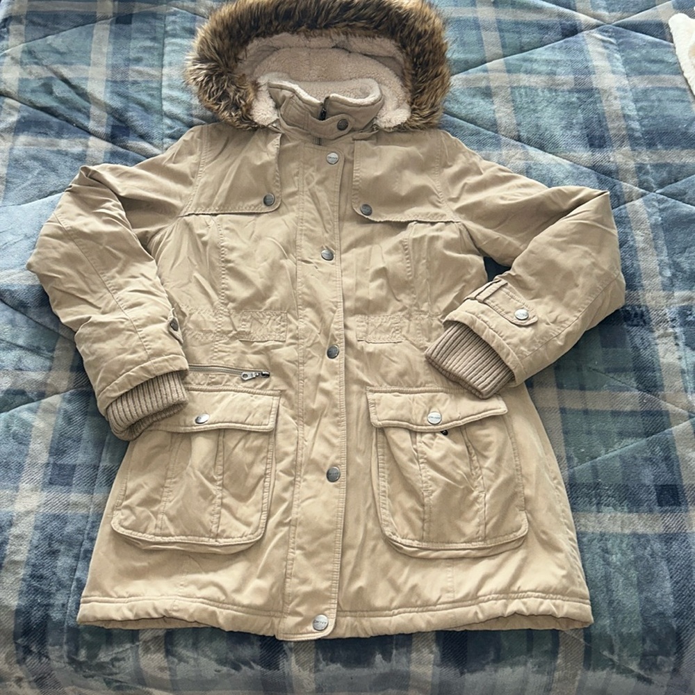 DKNY faux fur hooded khaki winter coat M parka jacket